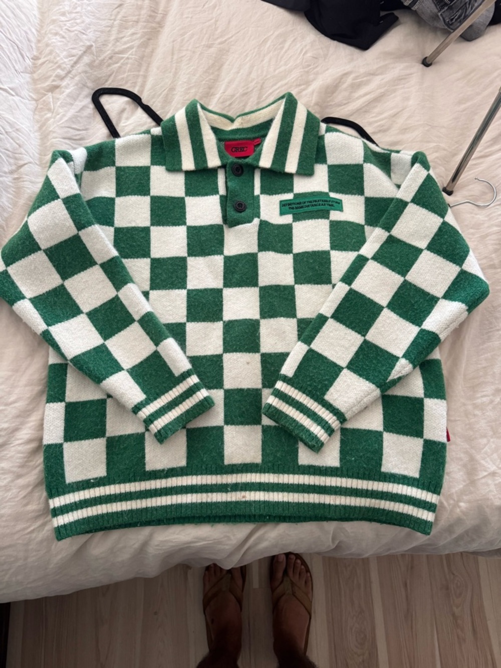 Green & White Checker Knit Polo Sweater